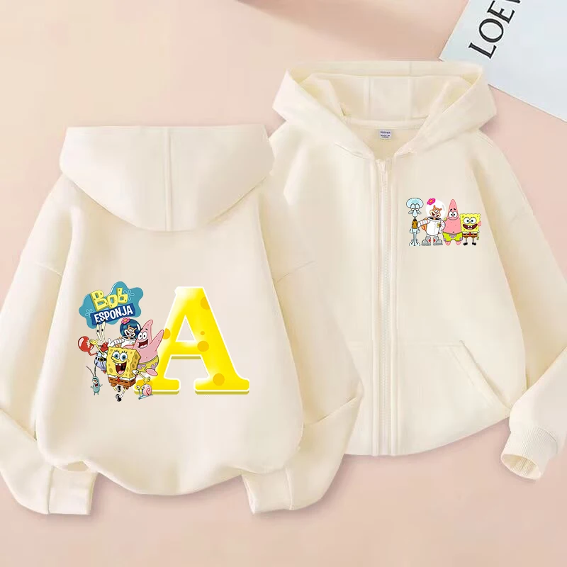 

SpongeBob SquarePants Boy Girl Cardigan Coat Zipper Jacket Coats Kids Hoodie Sweatshirt Cartoon Letter Top Spring Casual Clothes
