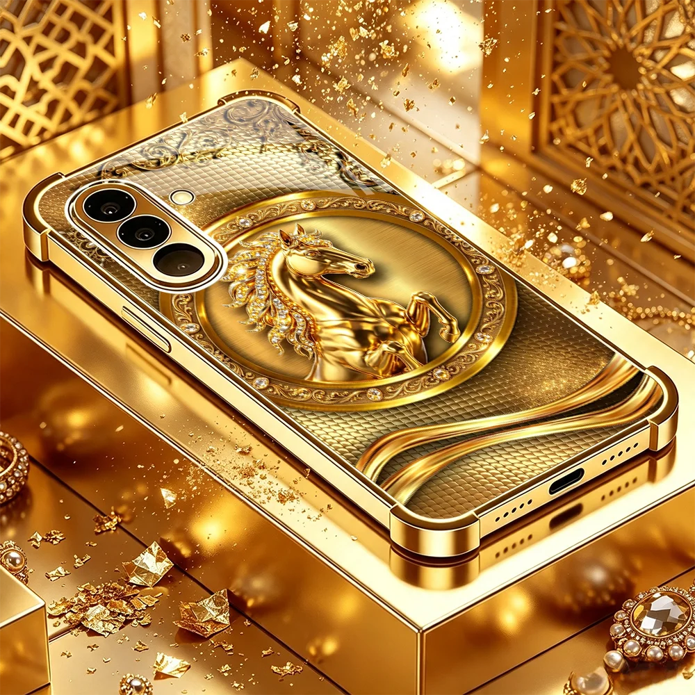 Gold Circle Horse Mark Tempered Glass TPU Fashion phone case for Samsung Galaxy S26/S25/S24/S23/S22/S21 FE Ultra Plus Shockproof