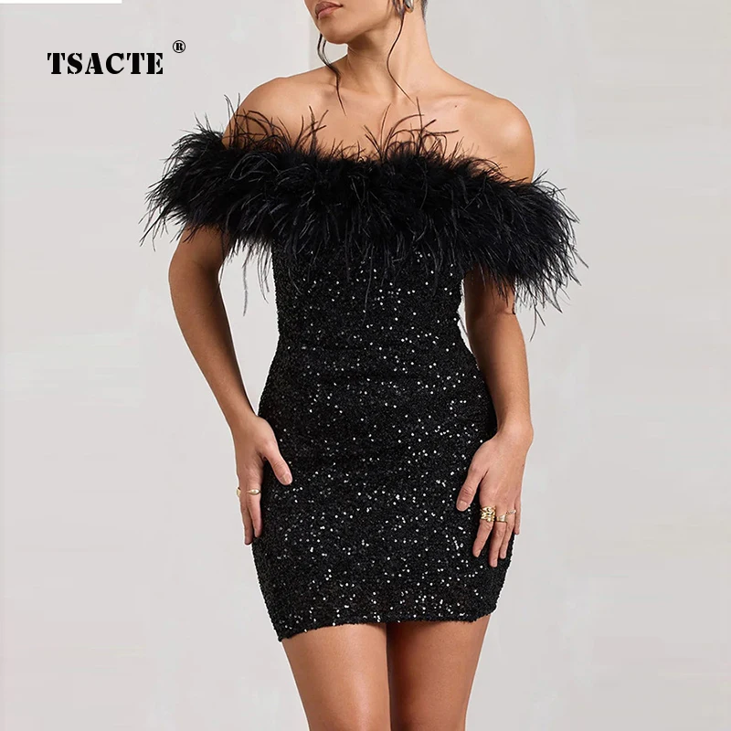 

Party Sexy One Line Collar Hip Wrap Chest Wrap Mini Skirts Patchwork Sequin Feather Elegant Slim Fit 2024 New Year Women's Dress