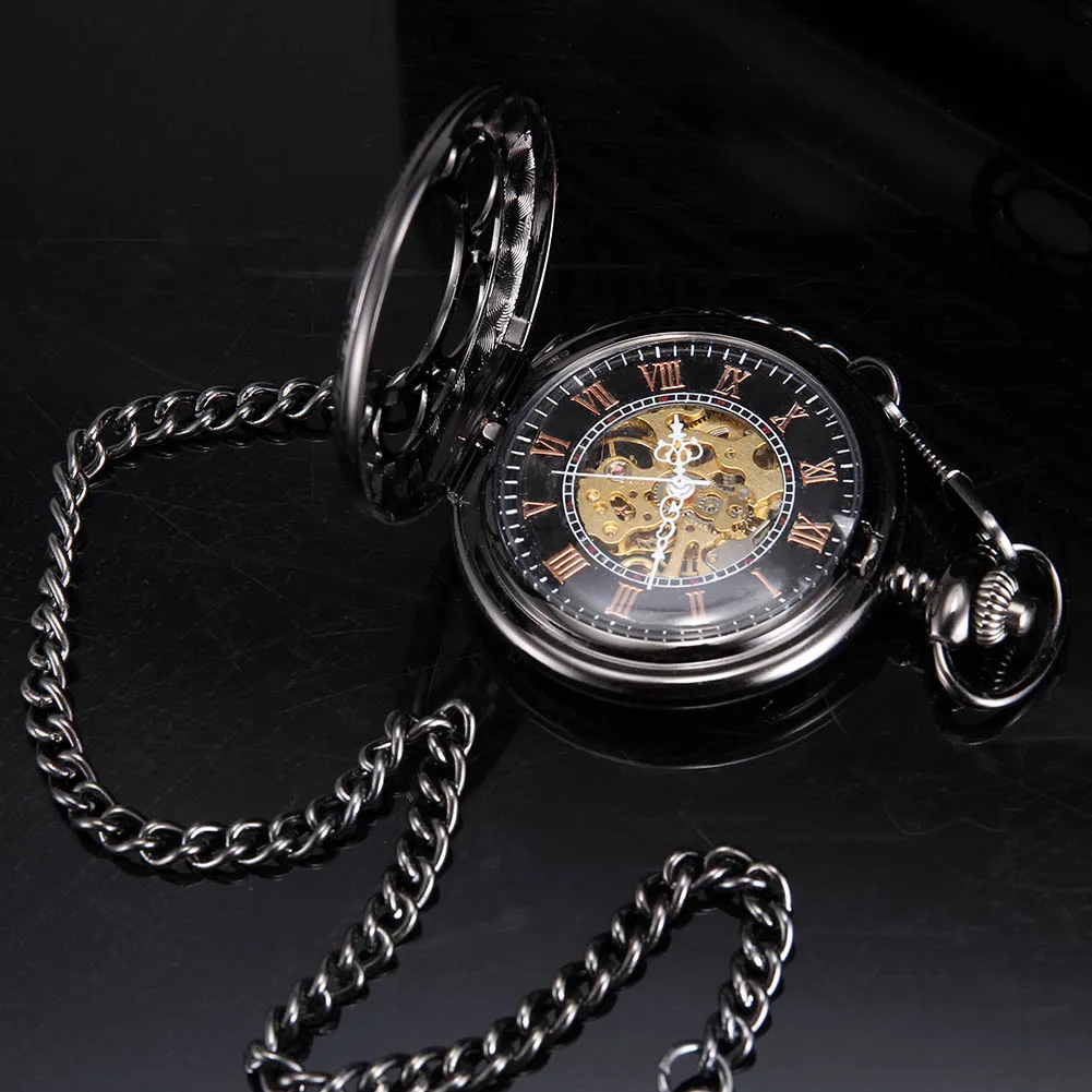 Fashion Quartz Pocket Watch Black Hollow Petal منحوتة مع سلسلة Steampunk Copper Fintage Black Series معلقة الساعات