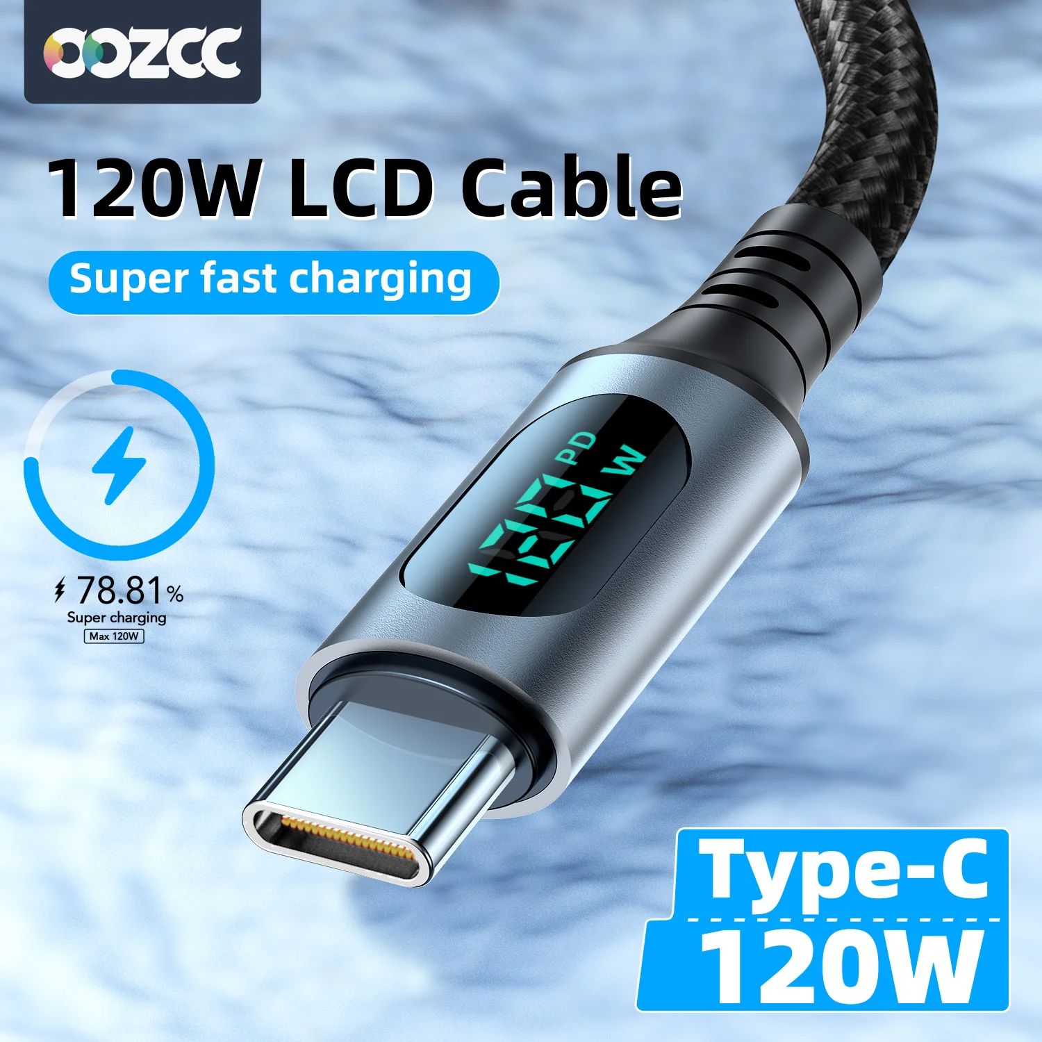 Ultra-Super Fast Charge Cable-6A 120W USB A do Type C Nylonowy przewód do transmisji danych dla Xiaomi Redmi Samsung z kablem wyświetlacza cyfrowego LED