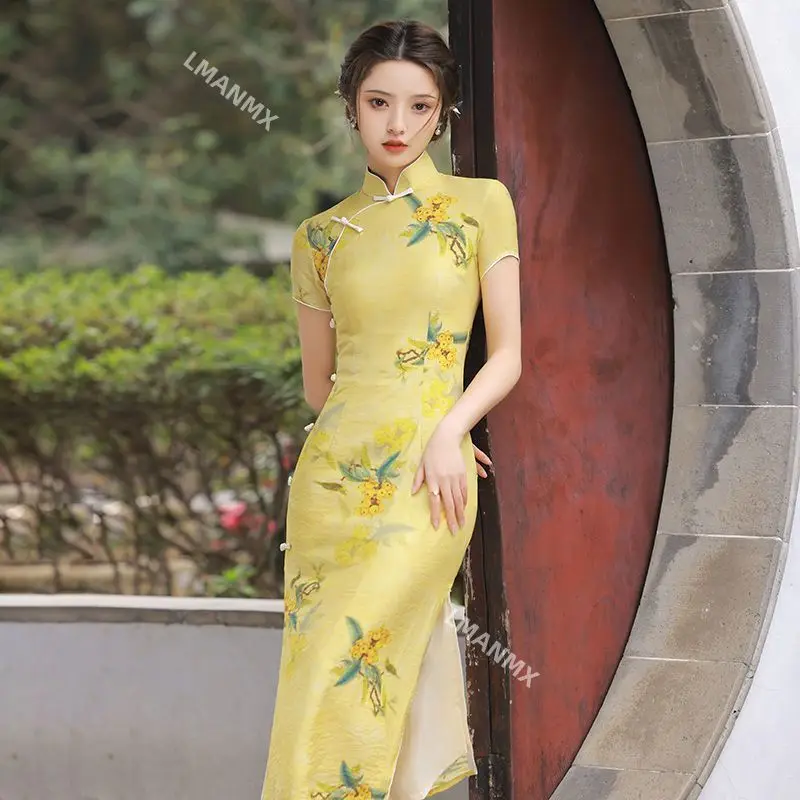 

Yellow Print Cheongsam Women Improved Short Sleeve Vintage Dress Slim-fit Chinese Style Qipao S To 3XL