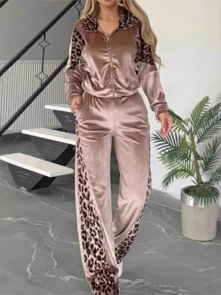 2025 New Arrival 2 Piece Women Sets Spring Autumn Leopard Pring Sets Two Pieces Sets Zip Top & Pants Suits Outfits Clothing