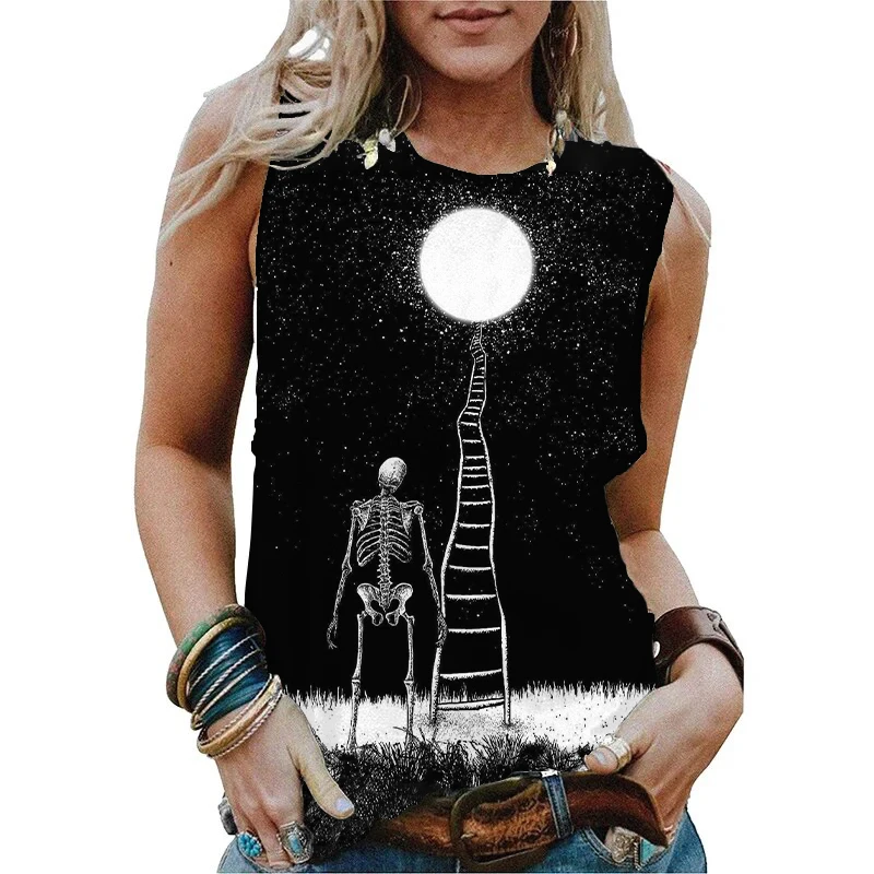 Summer Skull Moonlight 3D Print Tank Tops Women Fashion Streetwear Oversized O-Neck Vest Off Shoulder Sleeveless Woman Camisole