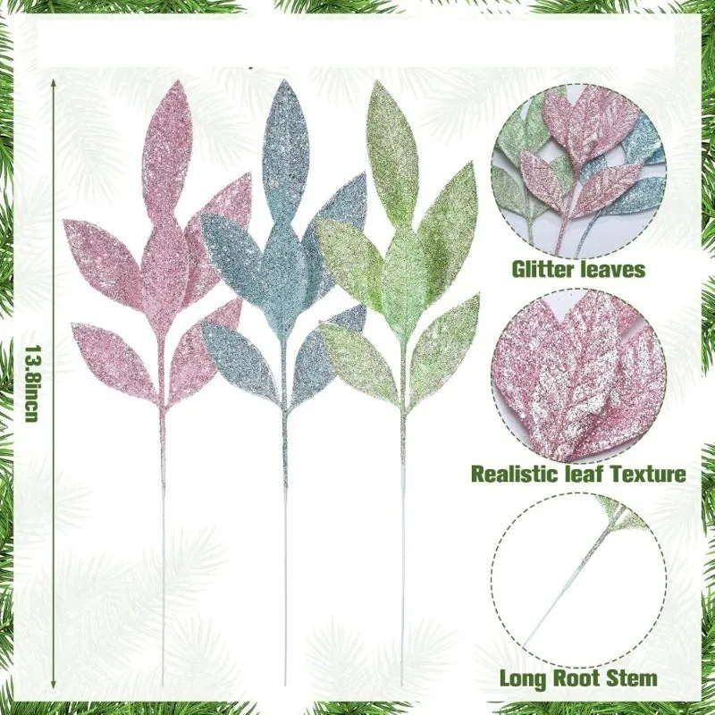 3/12 Stück Rosa Glitzernde Blätterzweige Künstliche Stiele für Weihnachtsbaum DIY Kranz Hochzeitstisch-Dekoration Winterparty-Deko – Detail 9