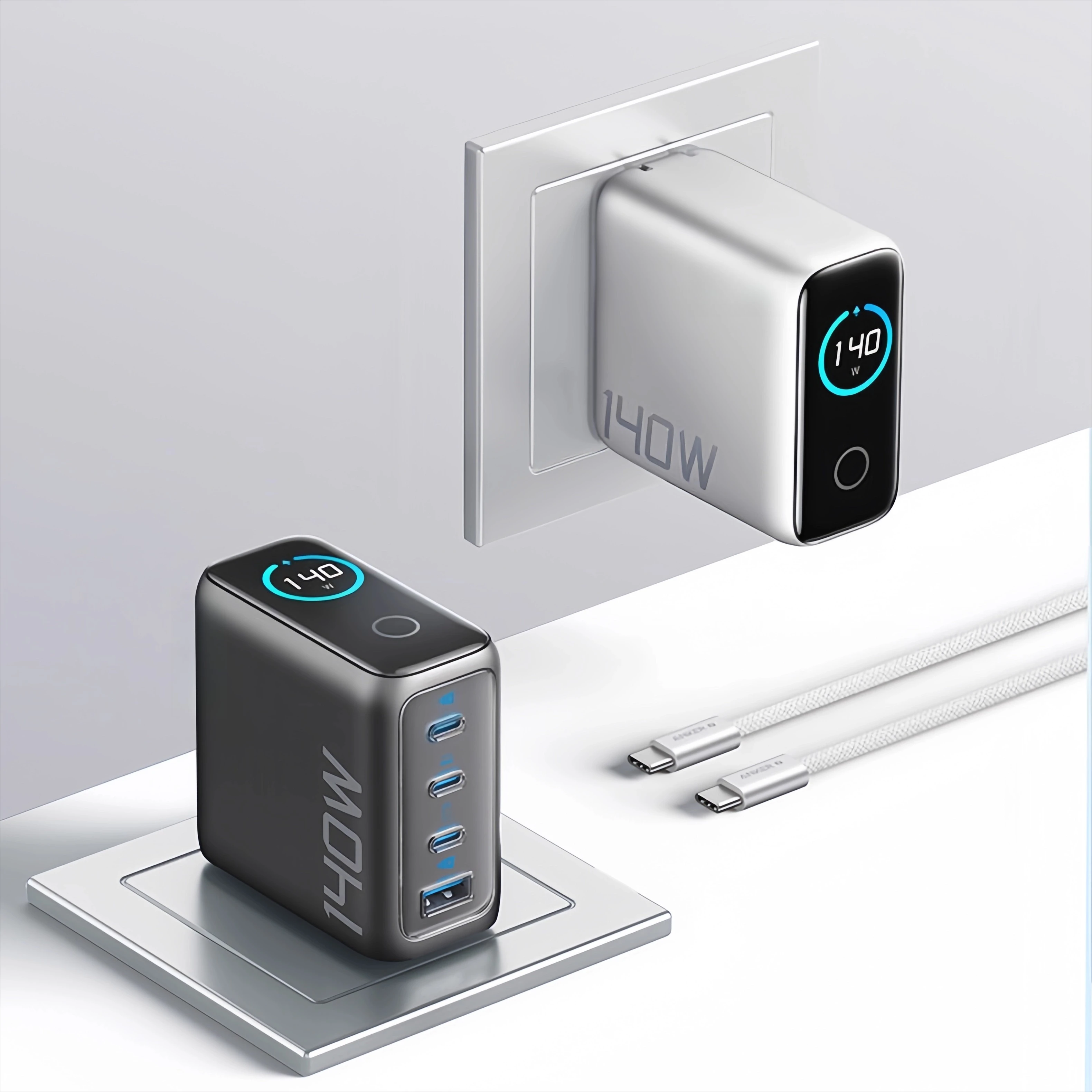 شاحن بأربعة منافذ بقدرة 140 وات، شحن سريع، رأس شحن من النوع C، نافذة AI، قابس شحن نيتريد الغاليوم GaN