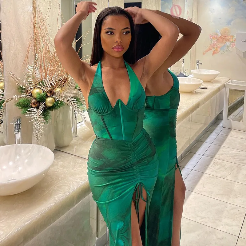 أزياء المرأة الأوروبية والأمريكية الصلبة اللون العميق الرسن الرقبة شق الخصر التخسيس Bodycon اللباس