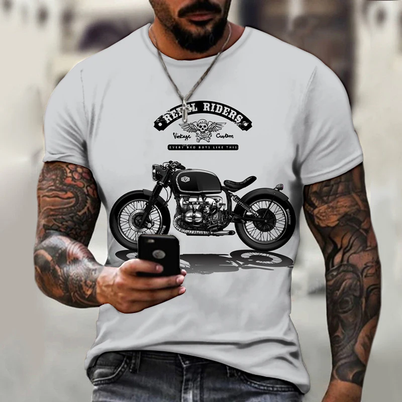 Summer Men\'s T-shirt 3D Retro Motorcycle Print T-shirt Men\'s Clothing Racing Pattern Men Short Sleeve Top Street Clothing