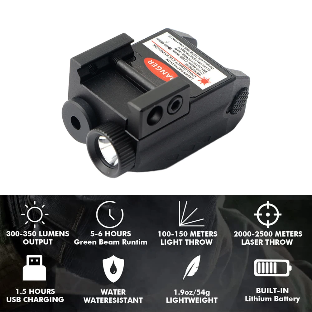 Tactical LED Weapon Gun Light Red Dot Laser Sight Combo 350LM USB Rechargeable Pistol Flashlight for 20mm Picatinny Rail Mount