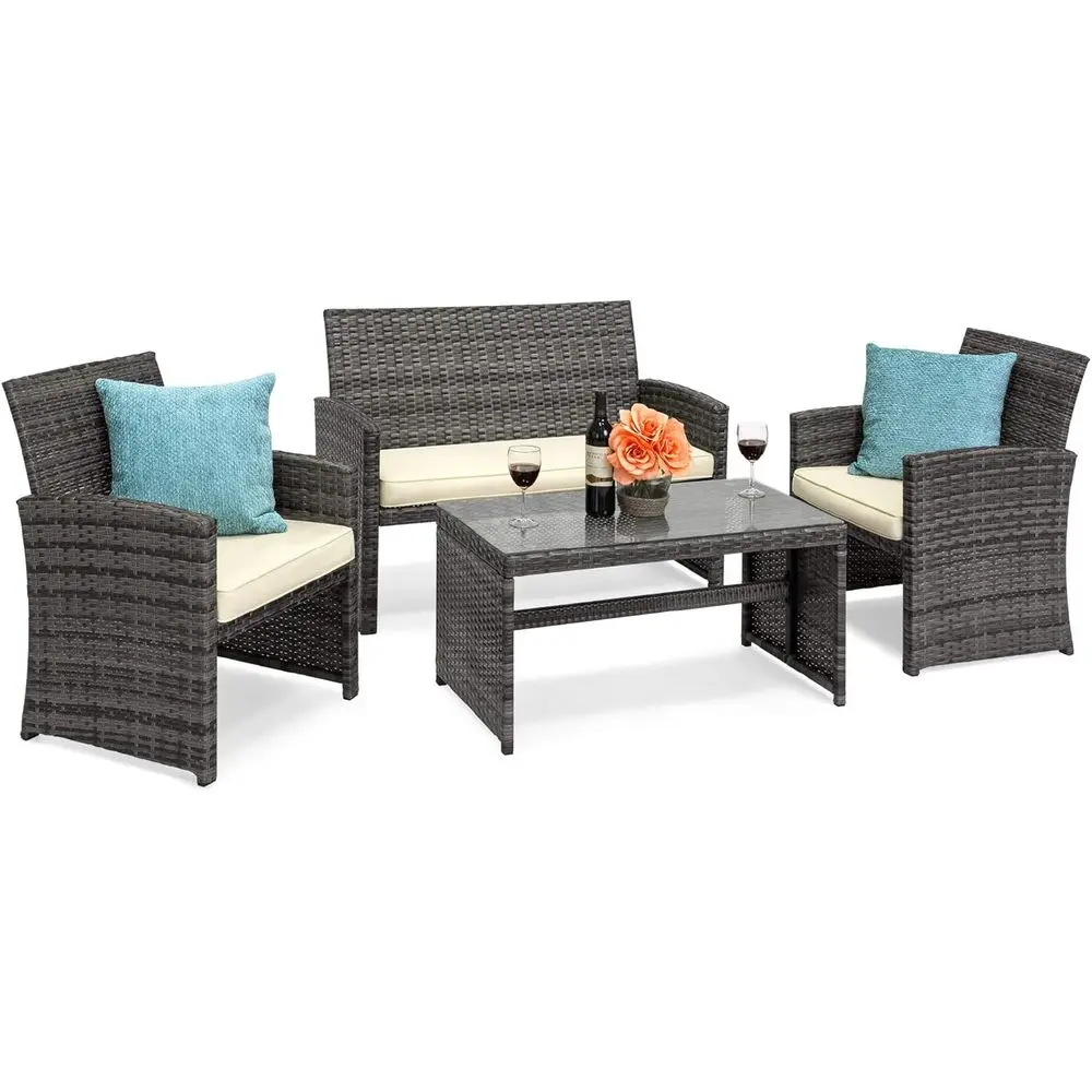 4-Piece Outdoor Wicker Patio Contion urniture Set or Backyard w/Coee Table, Seat Cushions - Gray/Cream