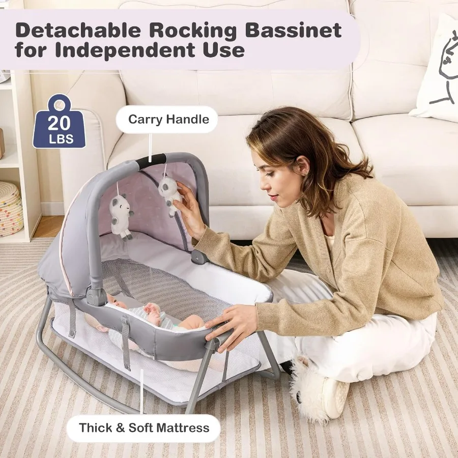 BABY JOY 5 في 1 Pack and Play Portable Baby Playard مع طاولة تغيير حفاضات سرير أطفال وردي مع موسيقى ألعاب #3