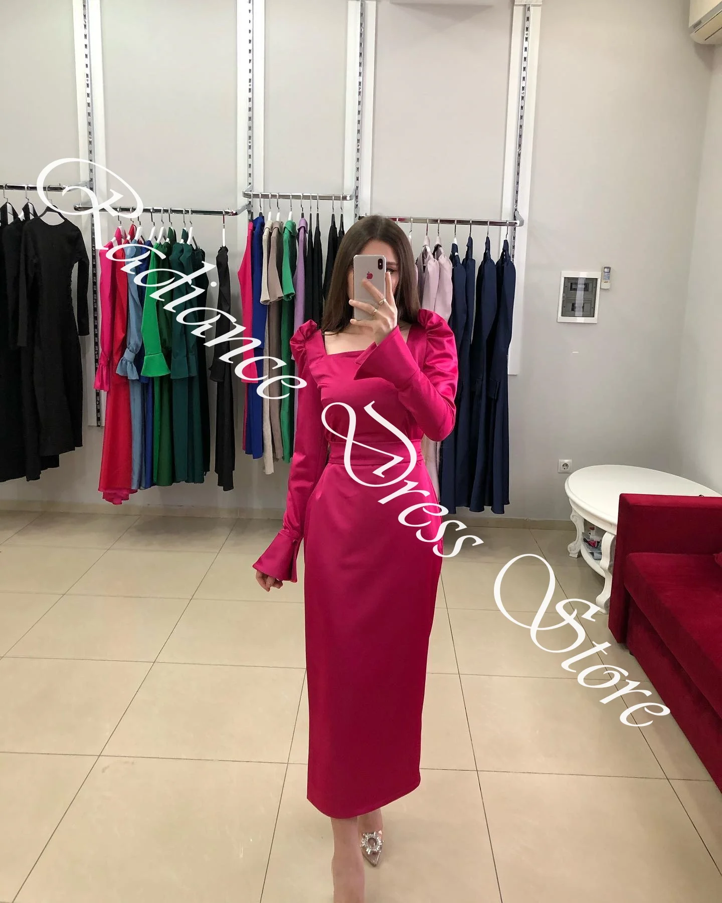 Abiti da sera dritti in jersey di moda personalizzati Colletto quadrato Maniche lunghe Abiti da occasione su misura Abiti da festa scintillanti