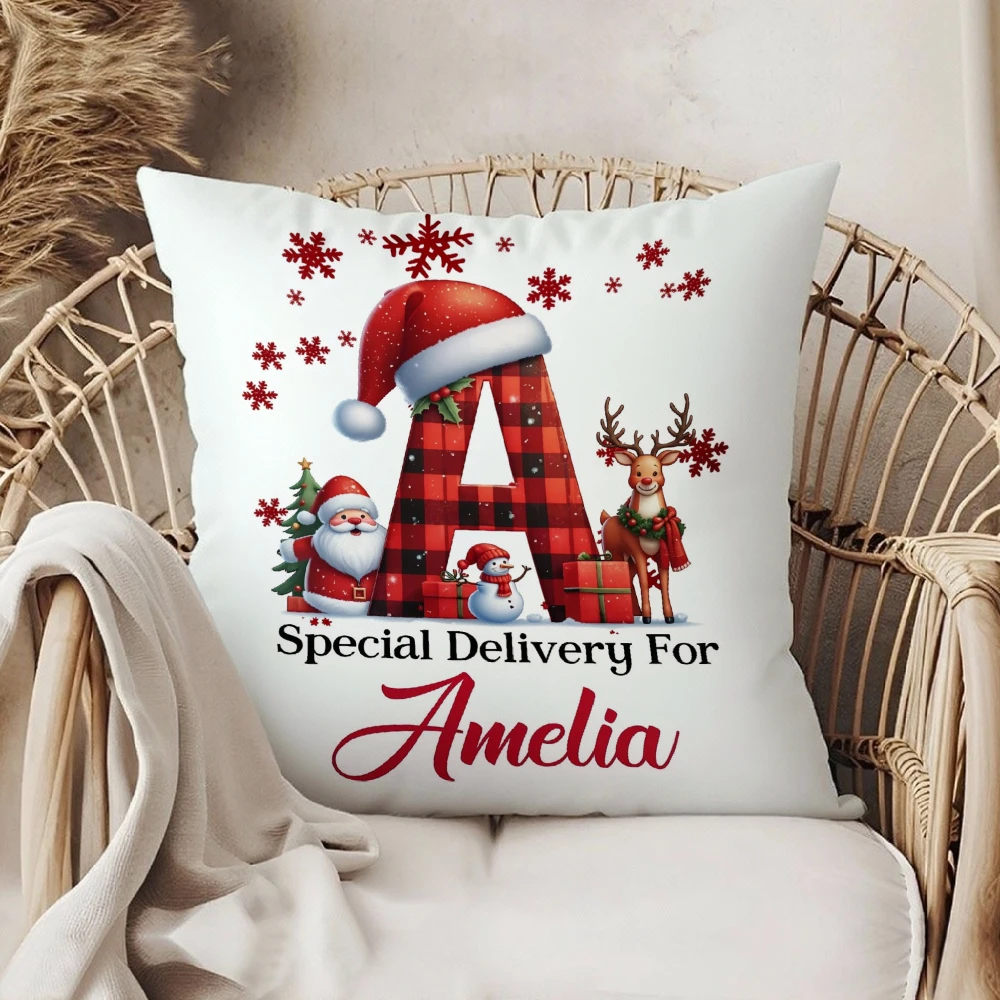 Personalized Christmas Throw Pillow White Santa Claus Reindeer Snowman Plaid Letter A Special Delivery For Amelia Name Custom Cu