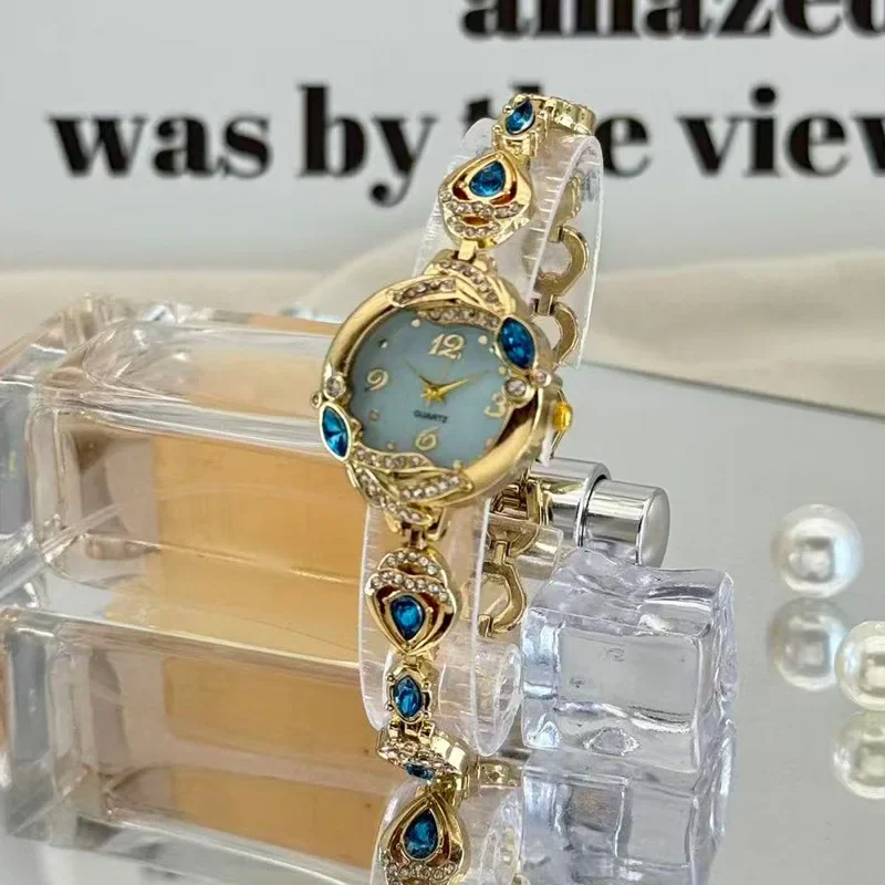 Luxury Blue Crystal Floral Gold Bracelet Watch for Women Oval Dial Quartz Wristwatch Elegant Rhinestone Inlaid Ladies Jewelry