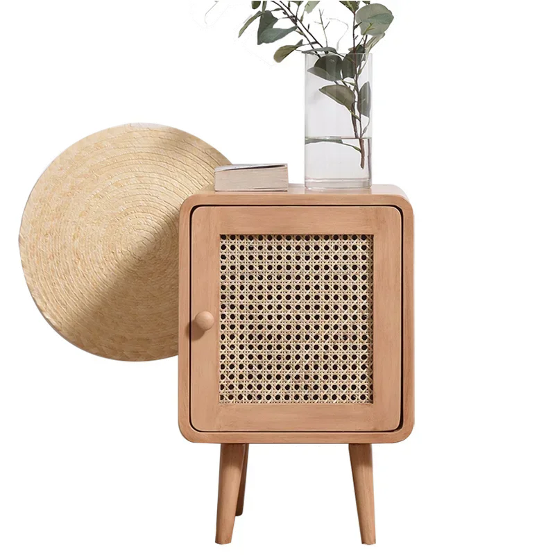 Móveis para casa minimalista moderno mesa de cabeceira natural rattan tecido noite mesa retro quarto armário armazenamento prático suporte