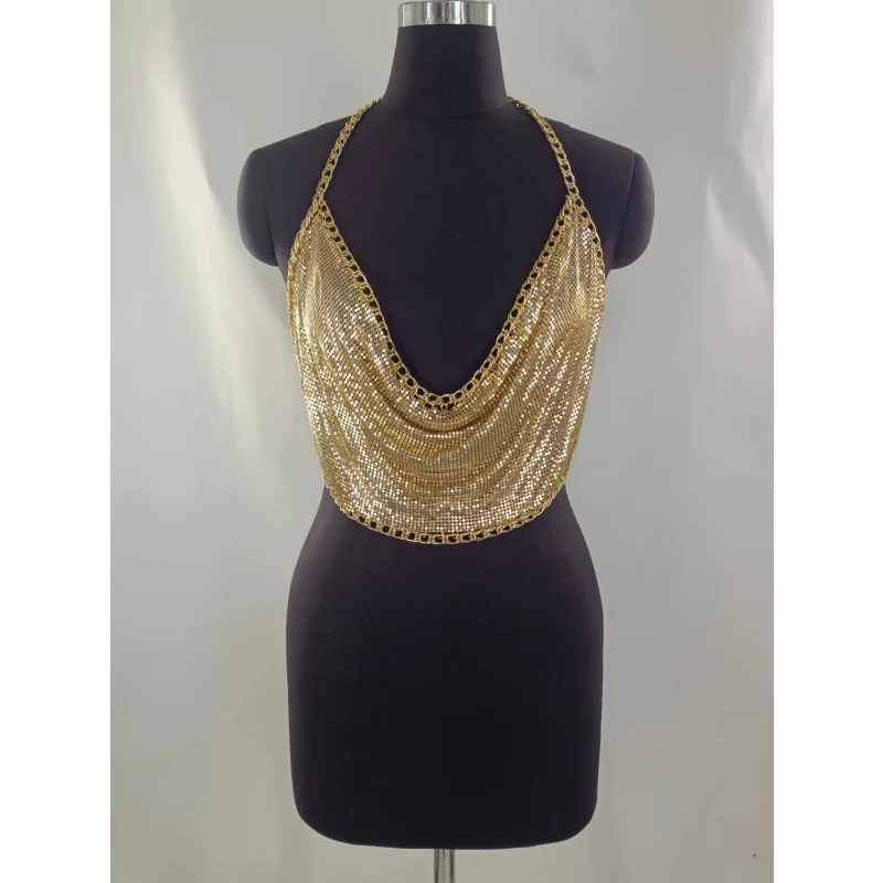 Damen-Top aus goldenem Metallnetz mit Ketten-Halterneck, drapiertem U-Ausschnitt, rückenfreiem Crop-Top und verstellbarem Ketten-Body-Harness für Party, Rave und Festival – Detail 5