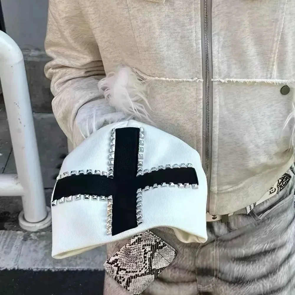 American Hot Girl Y2K Rivet Cross Hat Subculture Niche Gothic Trendy Spliced Faux Leather Knit Beanie Party Daily Men Hat
