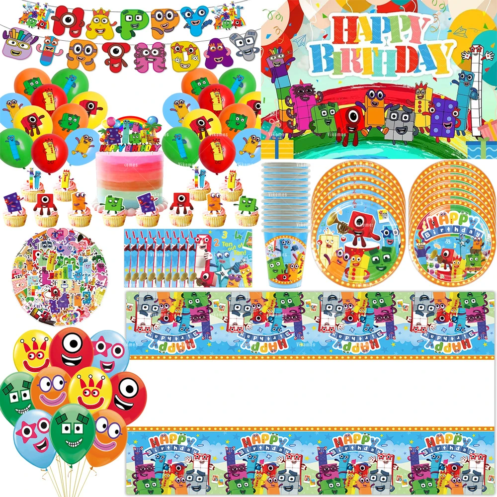 New 1Set Numberblocked Party Supplies TV Show Number Latex Balloons Toy Decor Happy Birthday Banner Bunting Cake Topper Balloon