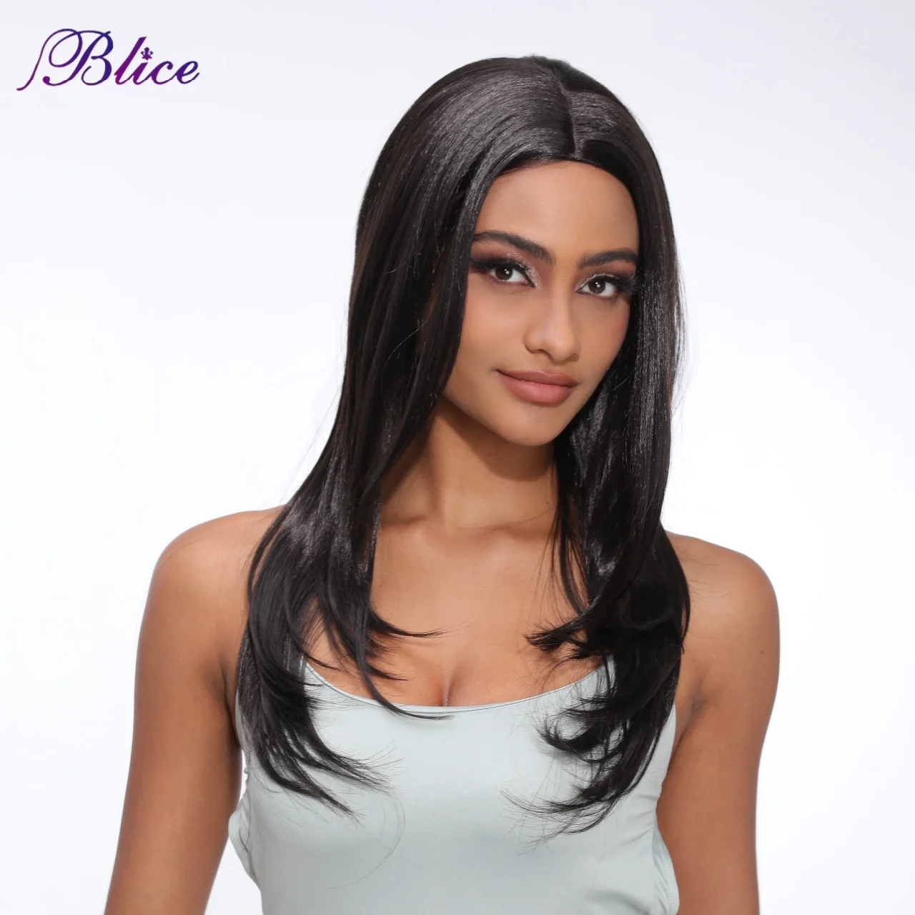 Blice Synthetic Long Wig Silk Straight Hair Extensions Natural Middle Part Women Wigs Black Color Without Bang