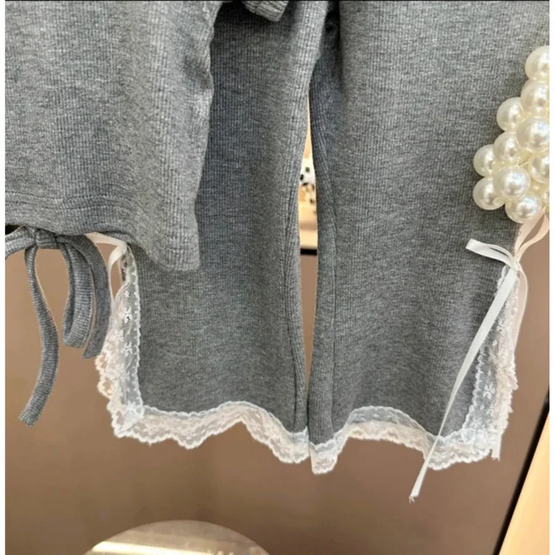 2025Summer Lace Trim Bow Short SleeveTShirt Top+Flared Pants Two-Piece Set for Kids Stylish Outfit