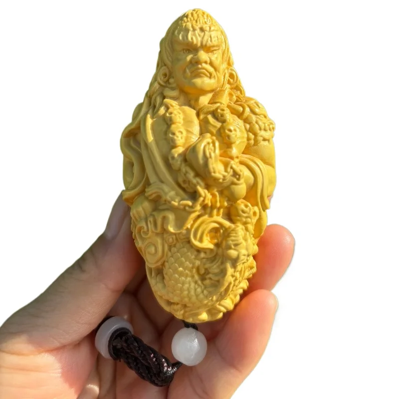 Colgante Fudo Myo-o de boj tallado a mano, llavero con estatua de Acala tallada en madera de 3,5" para coleccionables de hombres, amuleto de la suerte