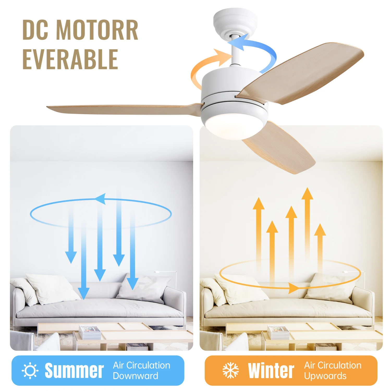 46 Inch Ceiling Fan with Lights 3 ABS Blades 6-speed DC Motor Remote Control for Bedroom