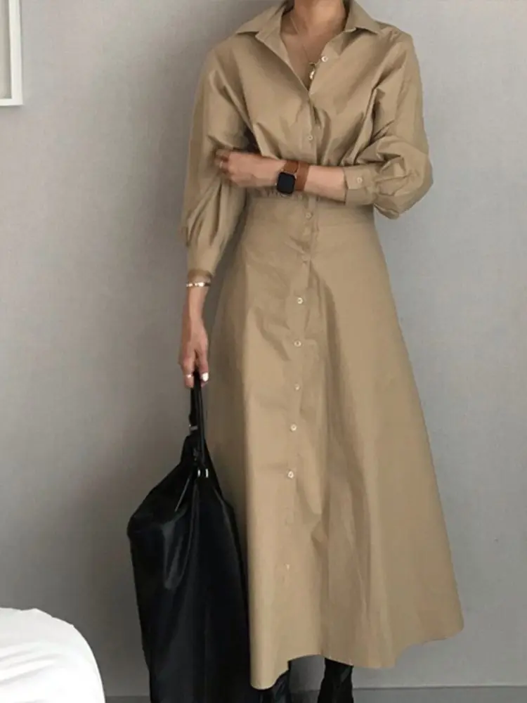 ZANZEA Casual Solid A-line Robe Oversized Women Shirt Dress 2023 Summer Long Sleeve Lapel Collar Maxi Dresses Bohemian Vestidos