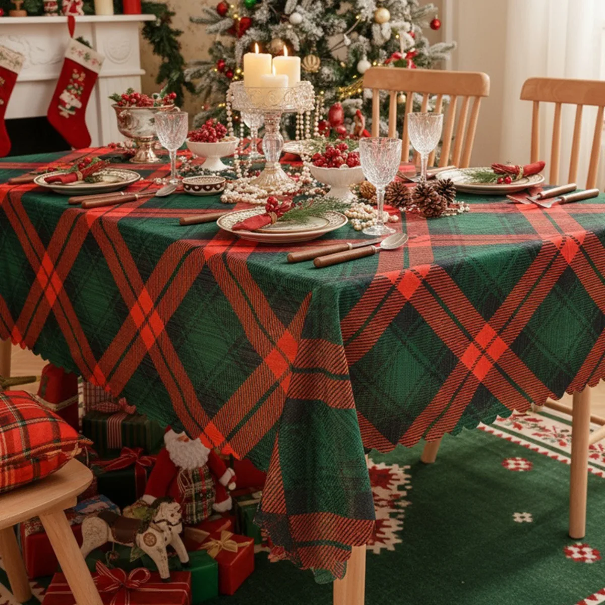 Christmas Checkered Tablecloth Rectangle Green Red Buffalo Plaid Table Cloths Washable Table Cover for Xmas Winter Party Decor