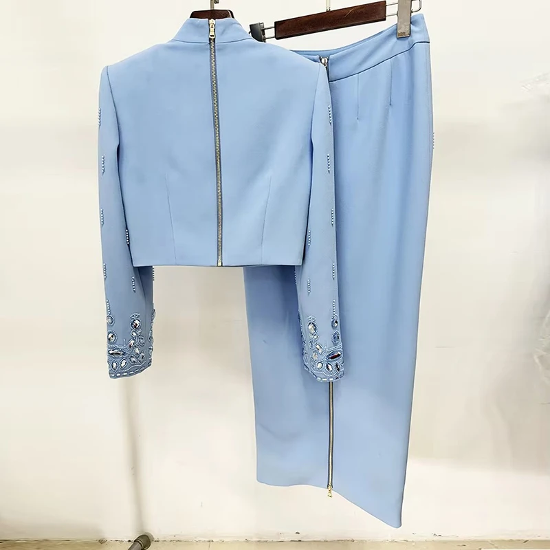 HIGH STREET Newest Fashion 2026 Designer Runway Suit Set Women's Stand Collar Zip Back Cropped Tops Long Skirt Set 2pcs