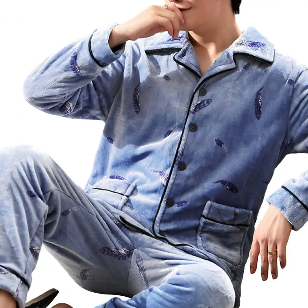 Warm Fleece Autumn Winter Pajamas Women Flannel Thickening Couple Long-Sleeved Lapel Home Men's Sleepwear Suit