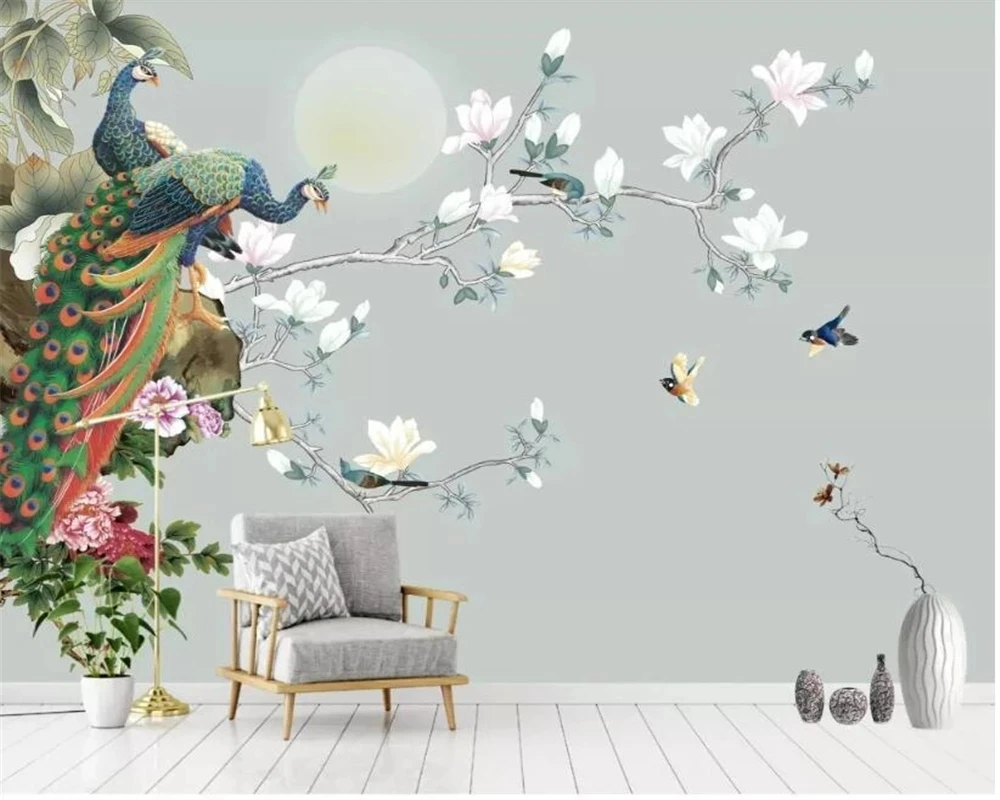 Customized 3d Mural Chinese magnolia blossoms flower birds peacock wallpaper Living room sofa TV background bedroom restaurant