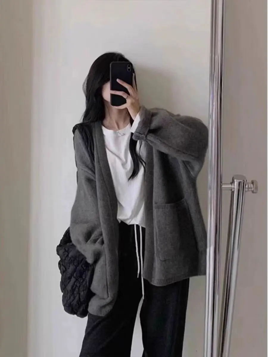 European goods 100% wool cardigan women's knitwear medium and long sweater soft loose thickened cashmere coat