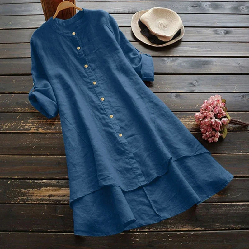 Abito corto in cotone e lino davanti lungo dietro manica lunga al ginocchio Abbigliamento donna Abito camicia casual Abito estivo sottile vintage solido