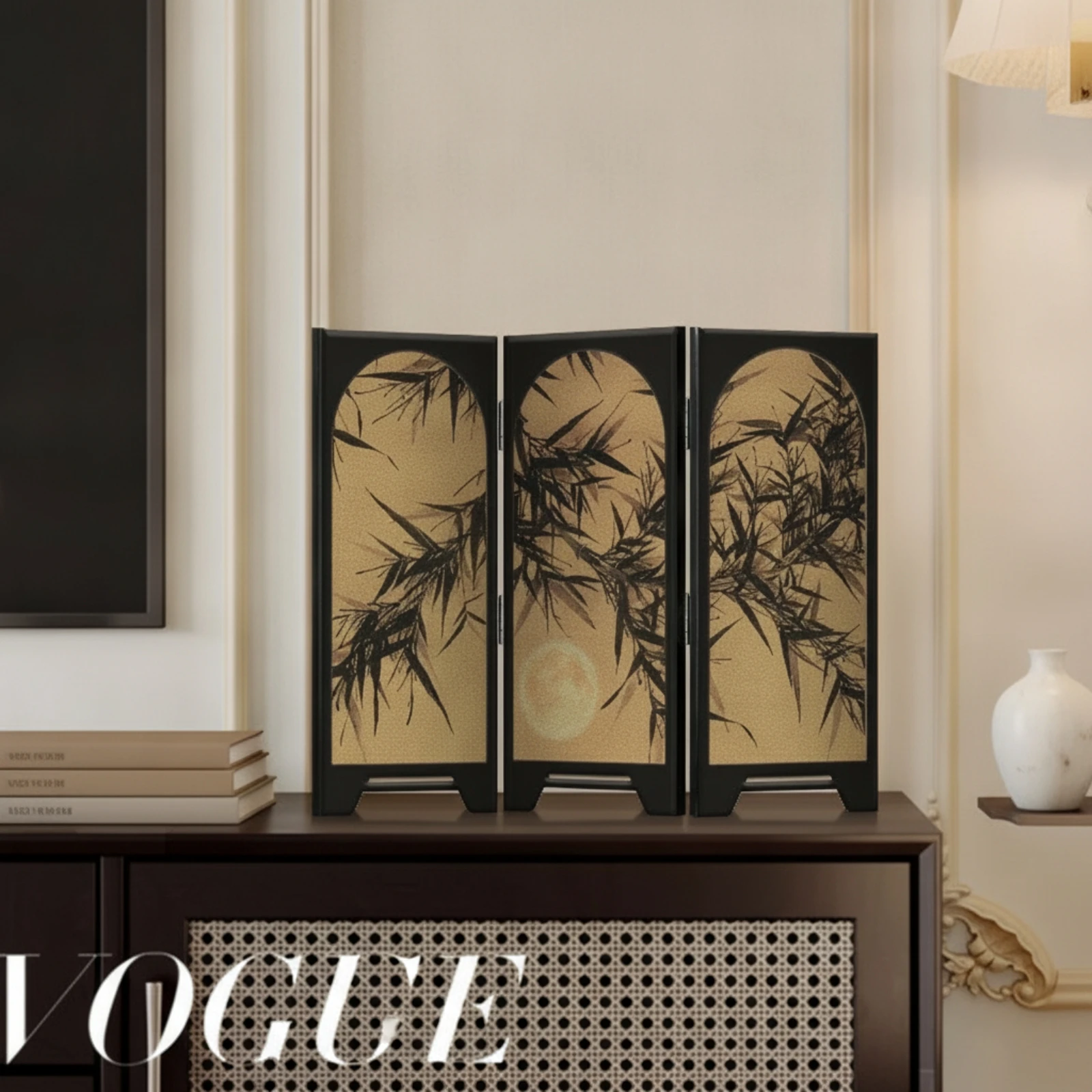 Tabletop Screen Ornament Elegant Three-Panel Screen with Stand Vintage Modern for Home Decorators, Desk, Entryway