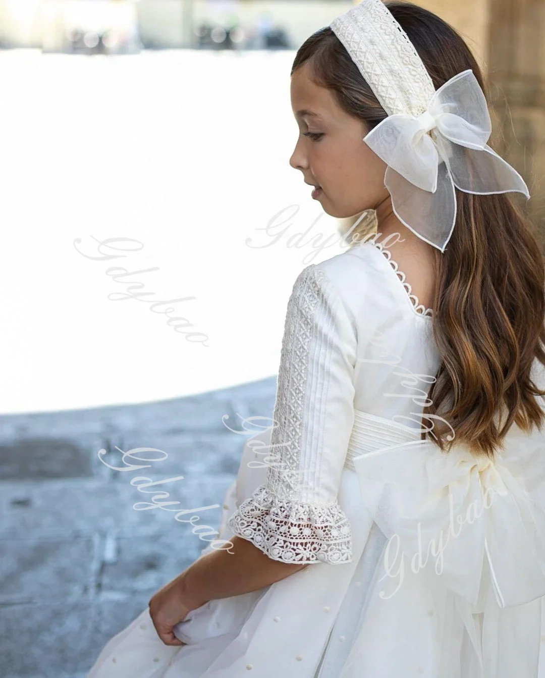 Robe blanche de première communion pour filles, vintage, princesse, dentelle, ruban, ceinture, ligne A, coton, mini demoiselle d'honneur, robe de soirée de mariage personnalisée