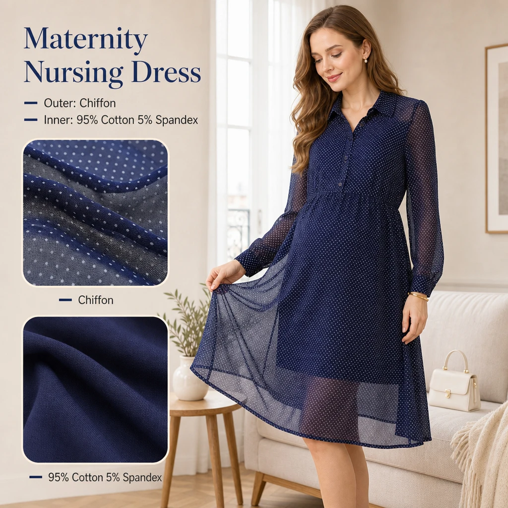 Women Maternity Nursing Dress Chiffon Polka Dot Long Sleeve Shirt Dress Elastic Waist Breastfeeding Pregnancy Dress