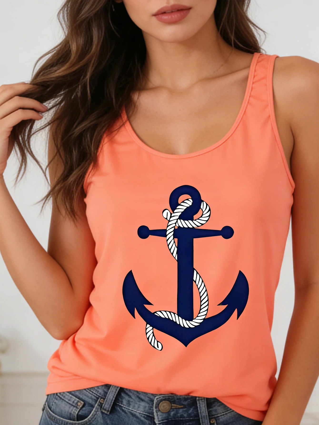 Anchor Element Printed Women's Fashionable Vest, New Spring/Summer Style Casual Sleeveless Letter-Shaped Vest, Women's Clothing