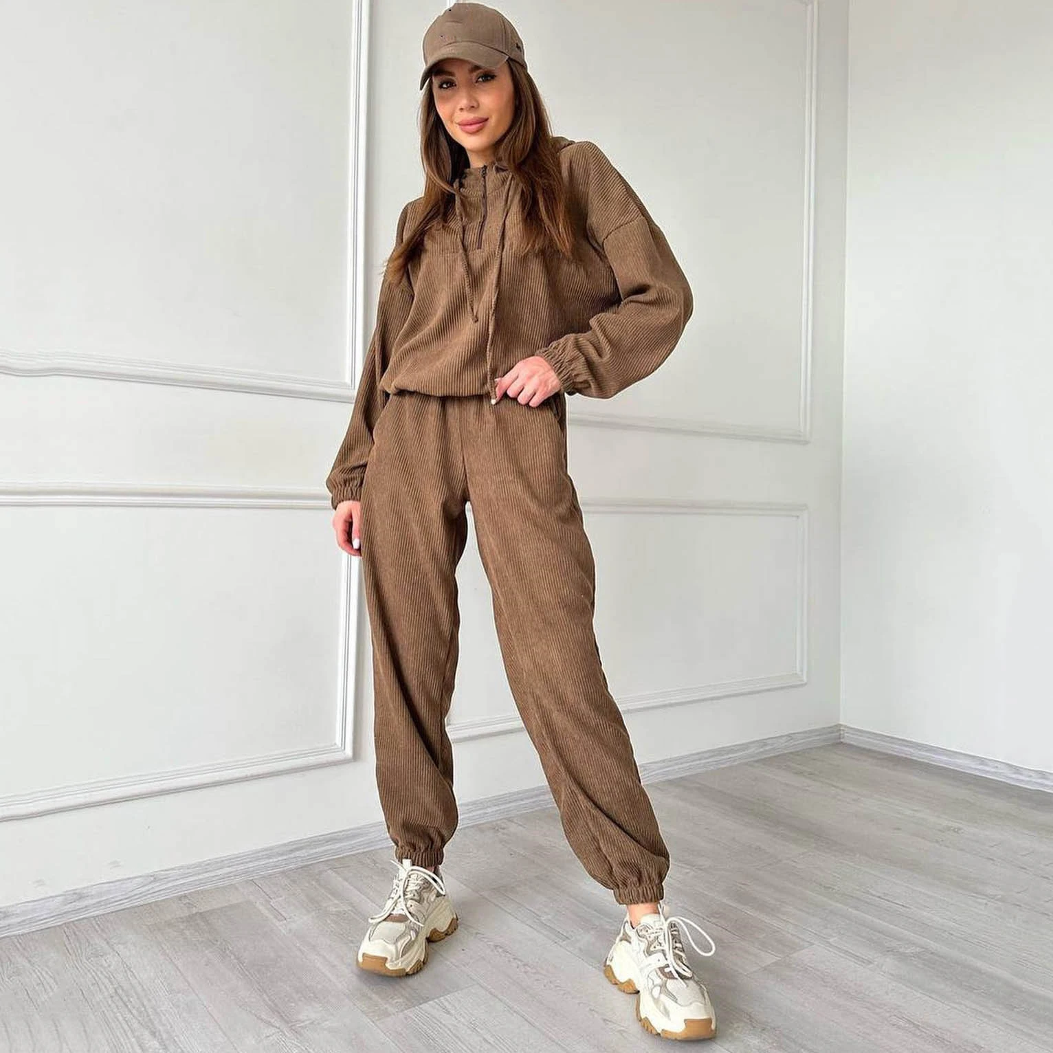 Women's Sports Leisure New Corduroy Set Europe Style Spring Autumn Zipper Hooded Sweater Pants Two Piece Set for Female