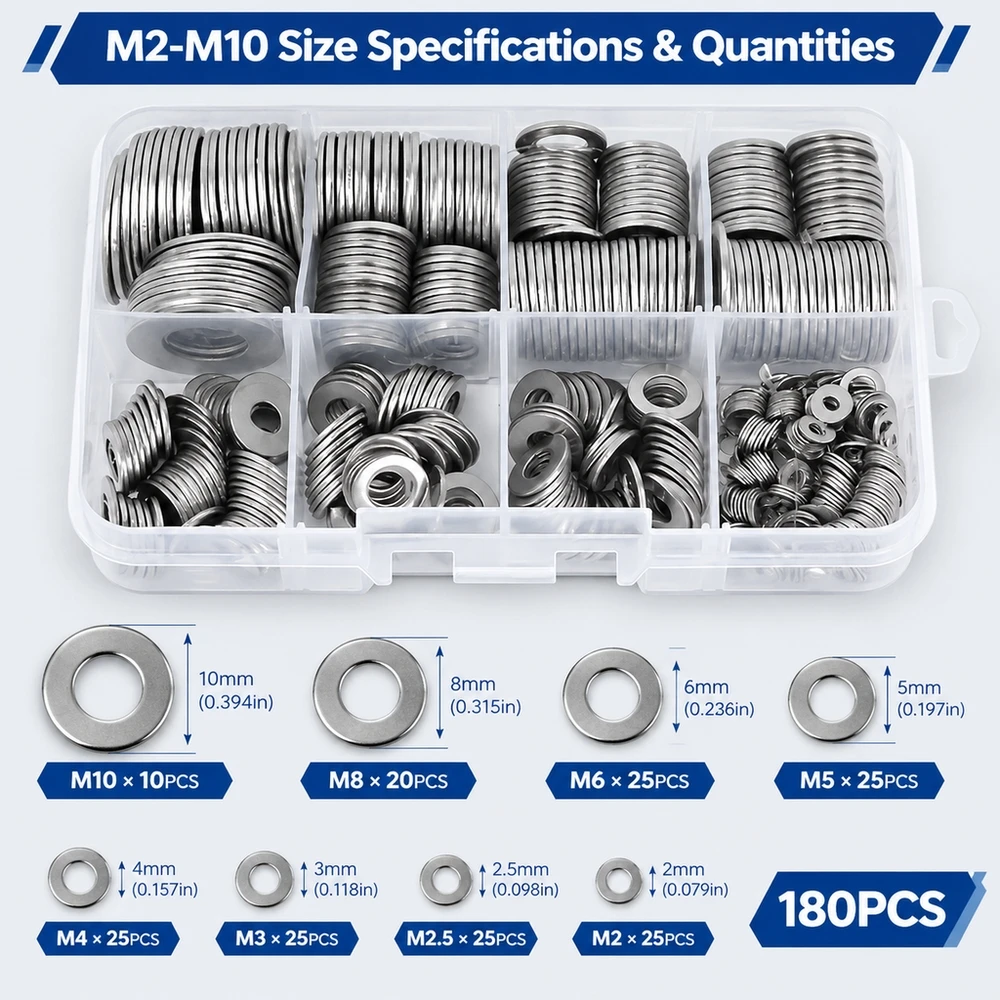 Polished 304 SS Washers M2 to M10 Assortment 180 Pieces Durable Metal Fasteners for Home and Workshop Projects
