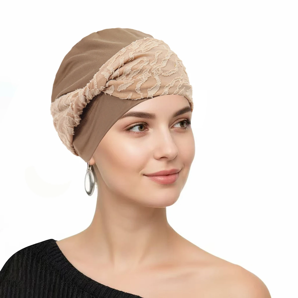 

Fashion Lady Lace Knot Headscarf Cap Solid Color Hair Bands Cap Muslim Turban Hat Hijab Islamic Headscarf Women's Hijabs