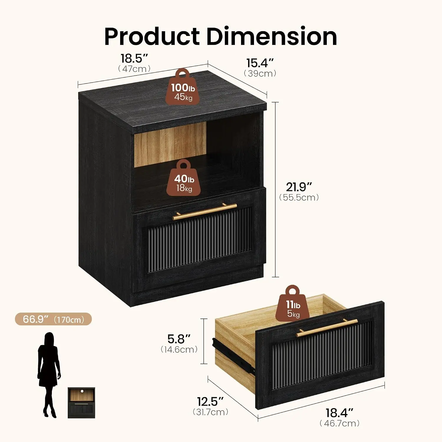 Modular Nightstand Set of 2 with Drawer & Shelf, 18.5