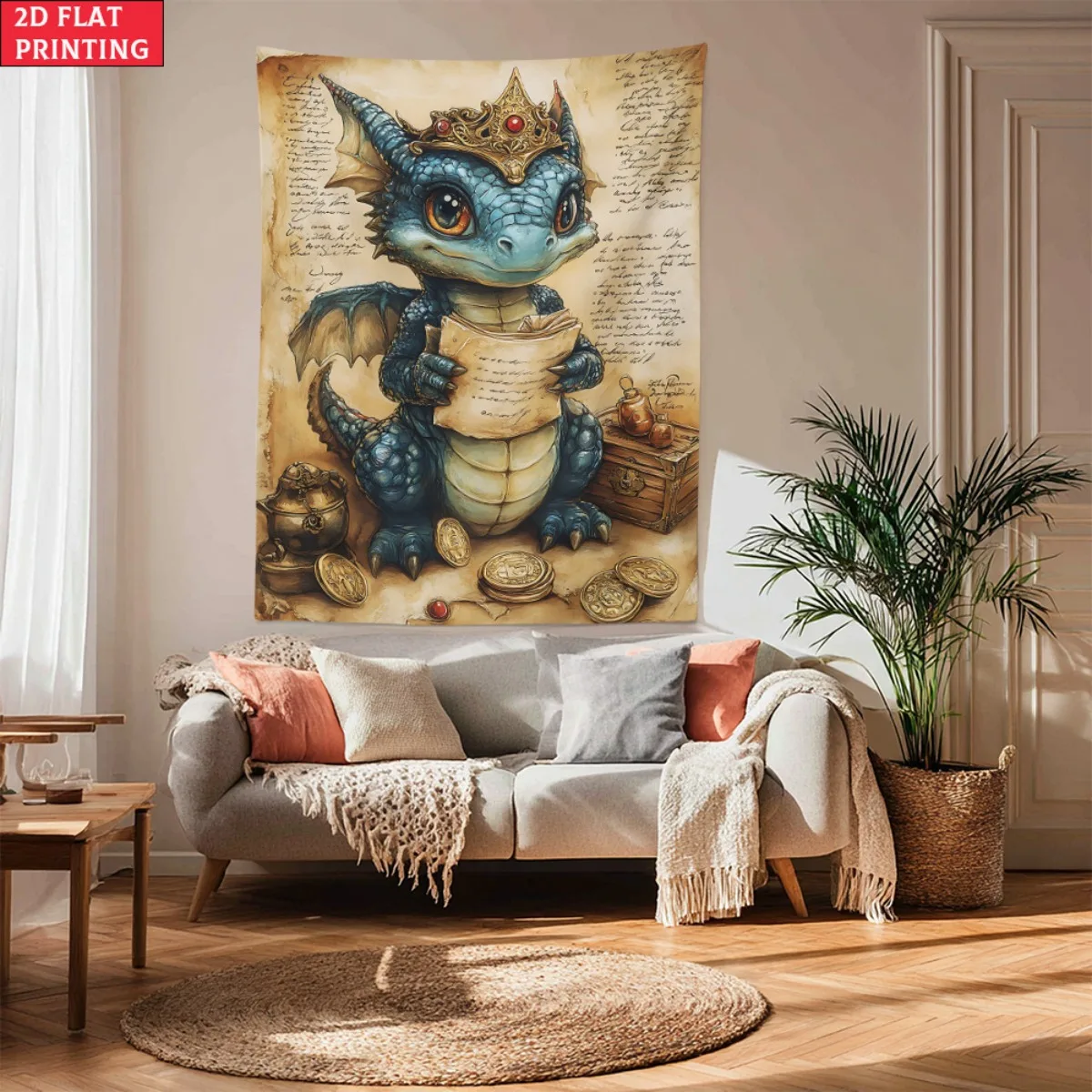 Dragon baby crown treasure fantasy tapestry cute mythical creature wall hanging kids room decor nursery art