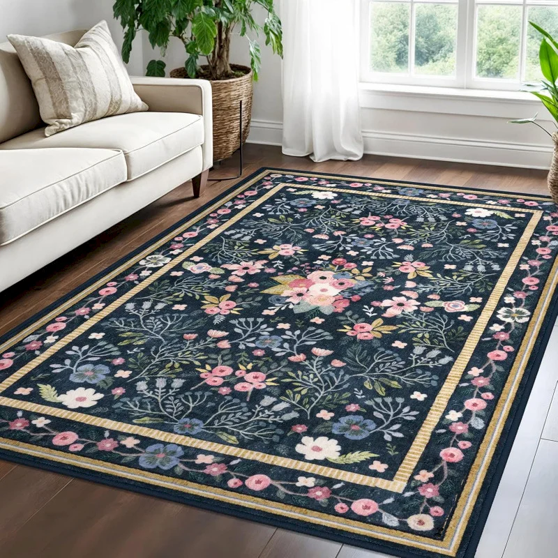 VIKAMA Retro Flower Anti slip Carpet Bohemian Plant Printed Carpet Living Room Bedroom Home Decoration