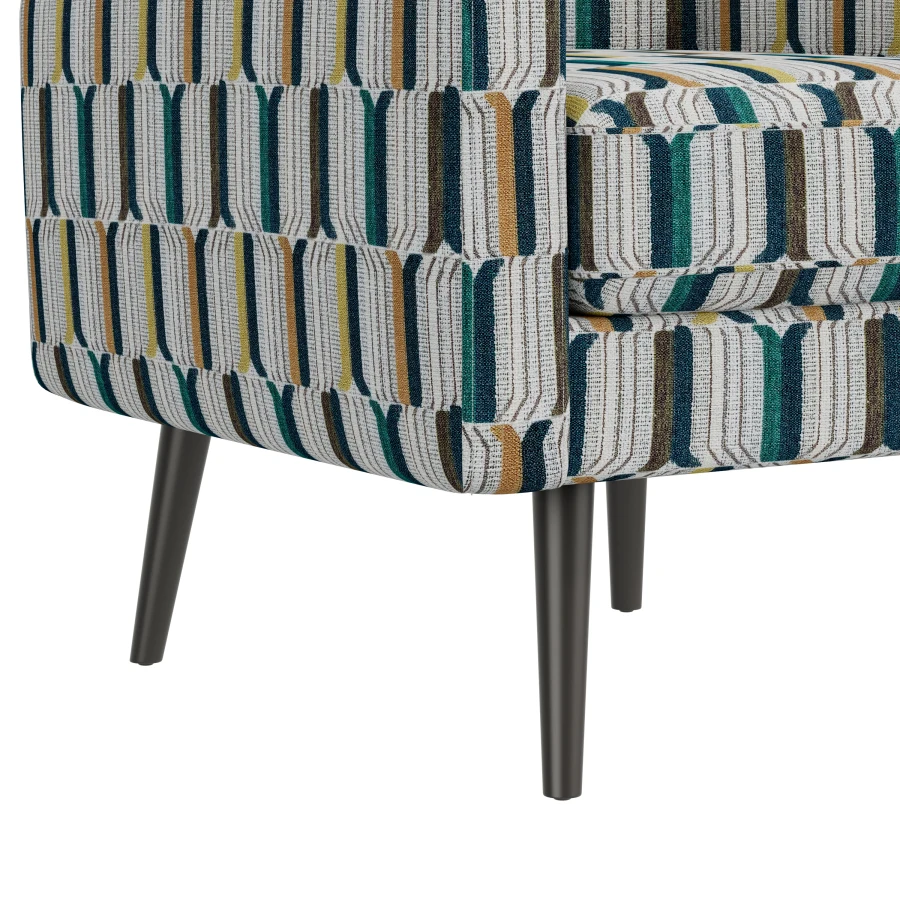 Darien Accent Arm Chair in Yellow, Olive and Navy Stripe Pattern with Dark Brown Solid Wood Legs For Living, Dining Rooms