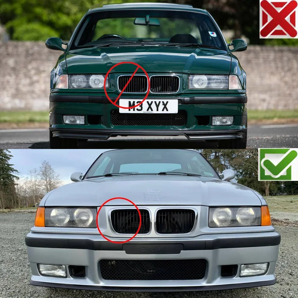 2x Double Line Style Car Front Racing Kindey Grilles For BMW E36 LCI 1996-1999 M3 Glossy Black Dual Slats Upper Grilles