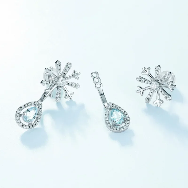 Snowflake Two-wear Earrings 18K Gold Inlaid with Colored Baby Stones PT950 Platinum Sky Blue Topaz Earrings