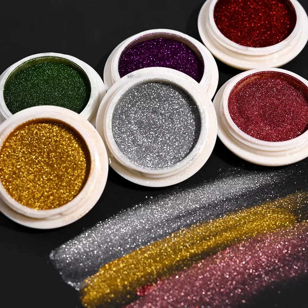 مسحوق كروم عيد الميلاد، 6 عبوات، تأثير المرآة، مسحوق معدني، بريق ثلاثي الأبعاد، مسحوق كروم المينا، تزيين الأظافر