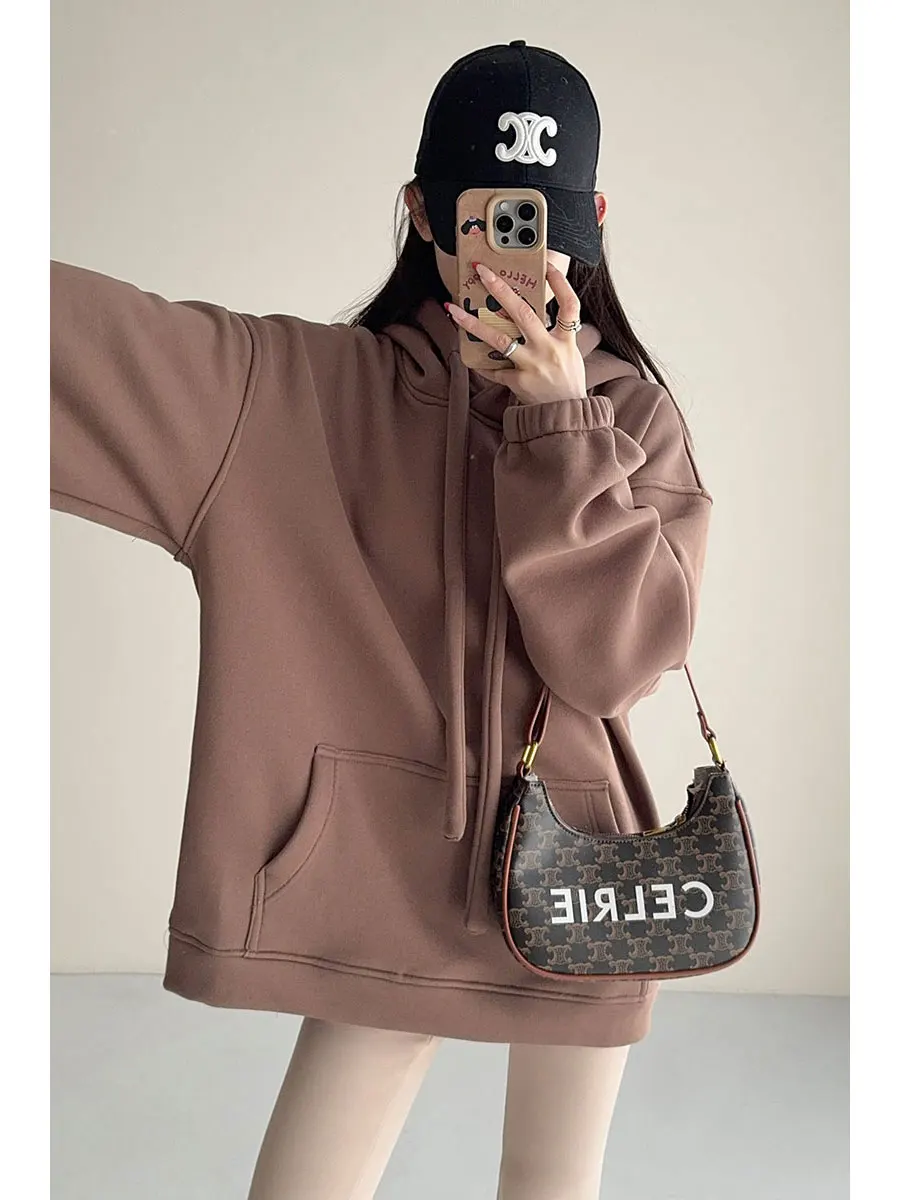 

American Retro Oversized Hoodie Women's Lazy Sle Slimming Fce Lined Mid-Length Jaet Coat Trendy Streetwear Cotton Long...