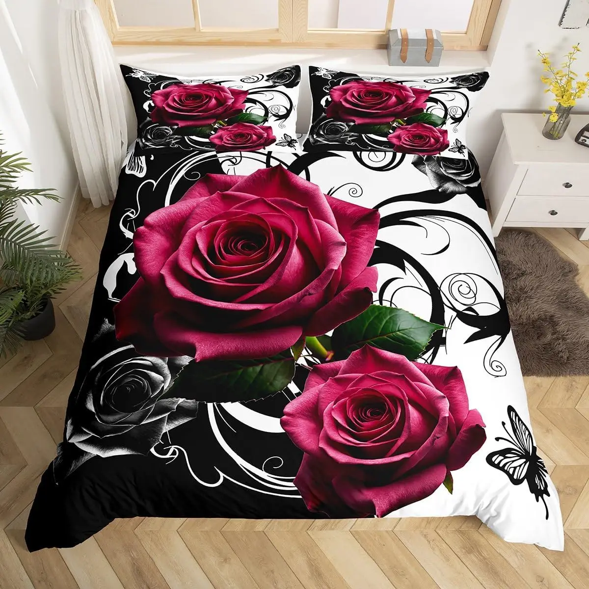 Rose Duvet Cover Set Romantic Rose Floral Bedding Set Microfiber Botanical Flowers Comforter Cover For Women Girls Bedroom Decor
