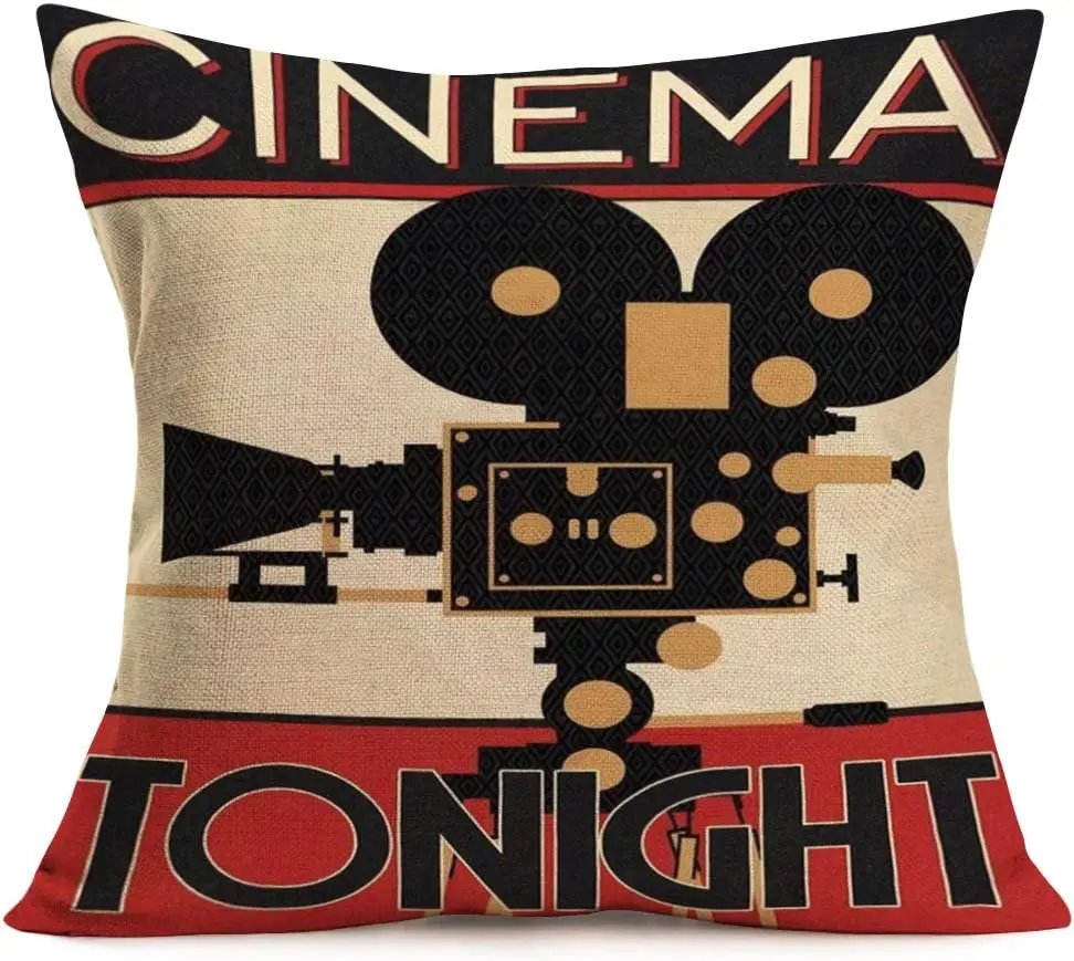 Vintage Cinema Decorative Pillow Covers with Popcorn, Projector, Admit One Ticket Decorative Square Cushion Cover  Home Couch